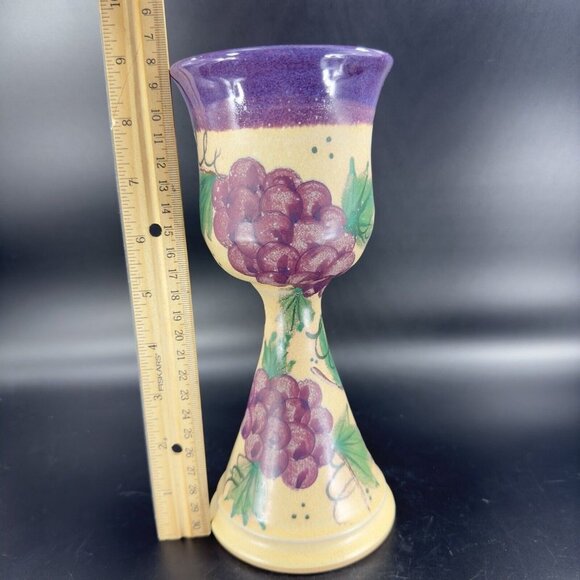 Studio Art Pottery Hand Made Goblets Drinking Wine Glasses Signed Purple Grapes - Picture 3 of 16